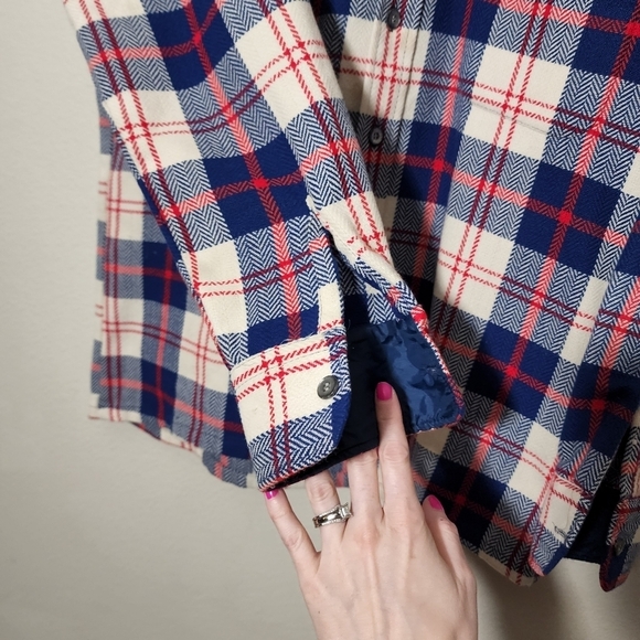 CLAY POOLE 70's The Hecht Co Red White Blue Wooly Acrylic Shacket shirt jacket M - Picture 7 of 11